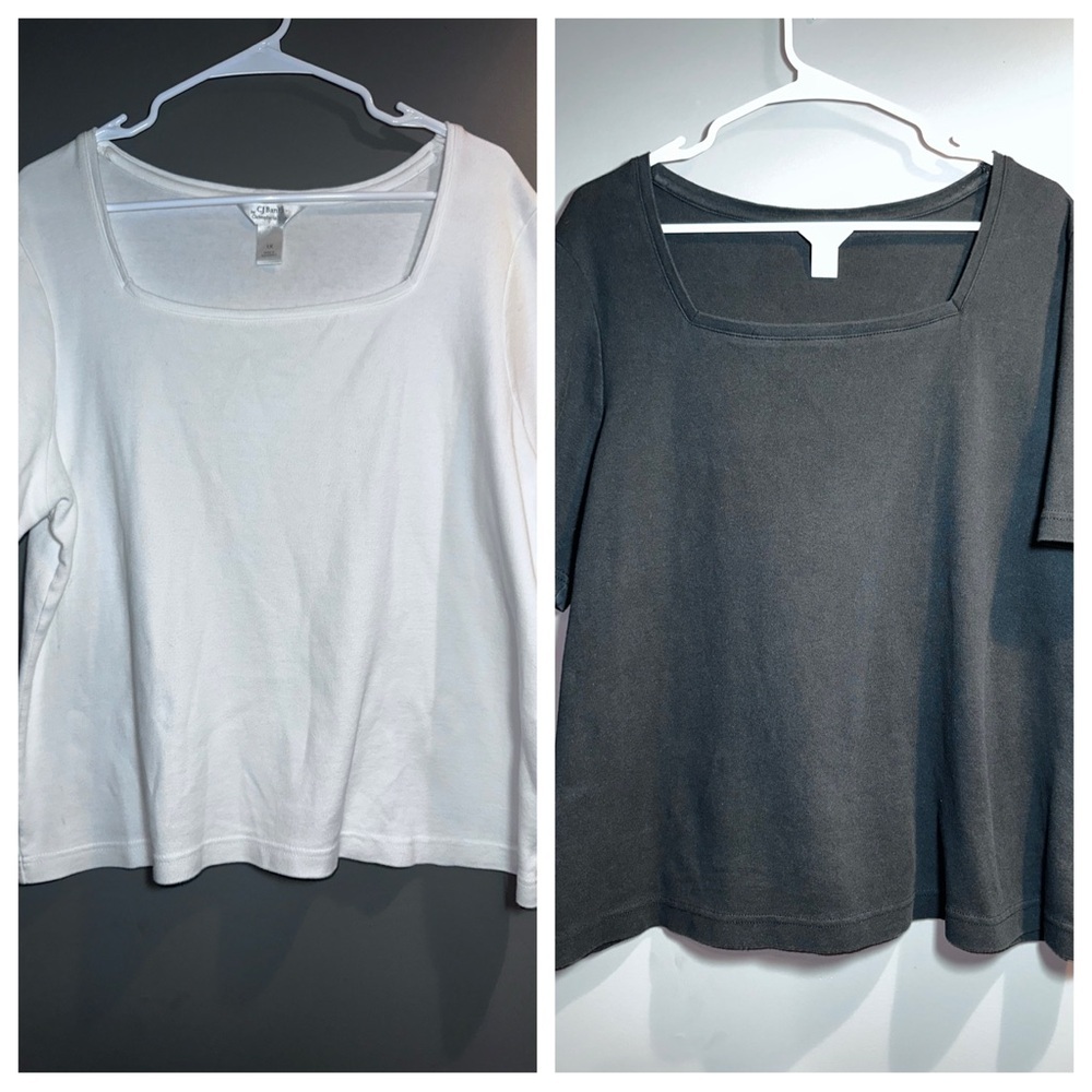 CJ Banks 2-Piece Square Neckline Tee Bundle (White & Black) – Size 1X